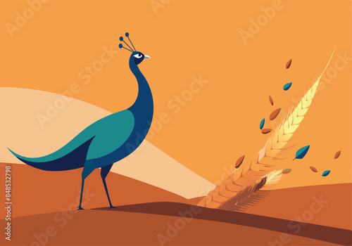 Colorful peacock in minimalistic nature landscape illustration