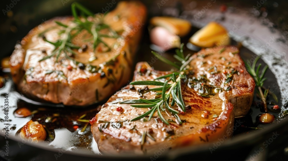 Pork steak cooked in a pan with rosemary and garlic Pork steak cooked in a pan with rosemary and garlic