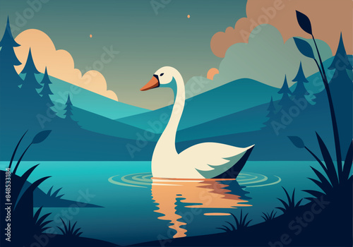 Illustration of a graceful swan in a serene mountain lake