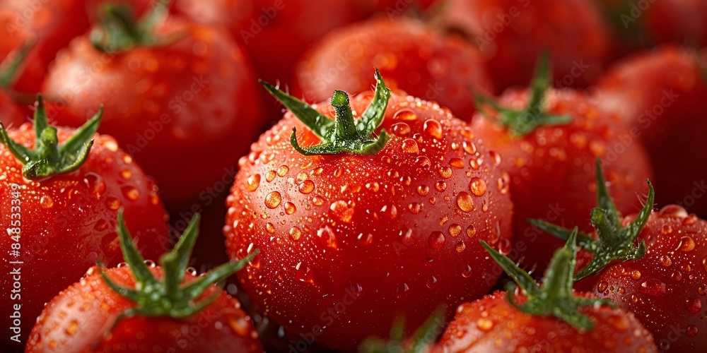 Close-up of fresh, ripe tomatoes with water droplets, highlighting vibrant red color and fresh green stems. Close-up of fresh, ripe tomatoes with water droplets, highlighting vibrant red color and fresh green stems.