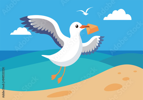 Cartoon seagull delivering a letter over the ocean beach