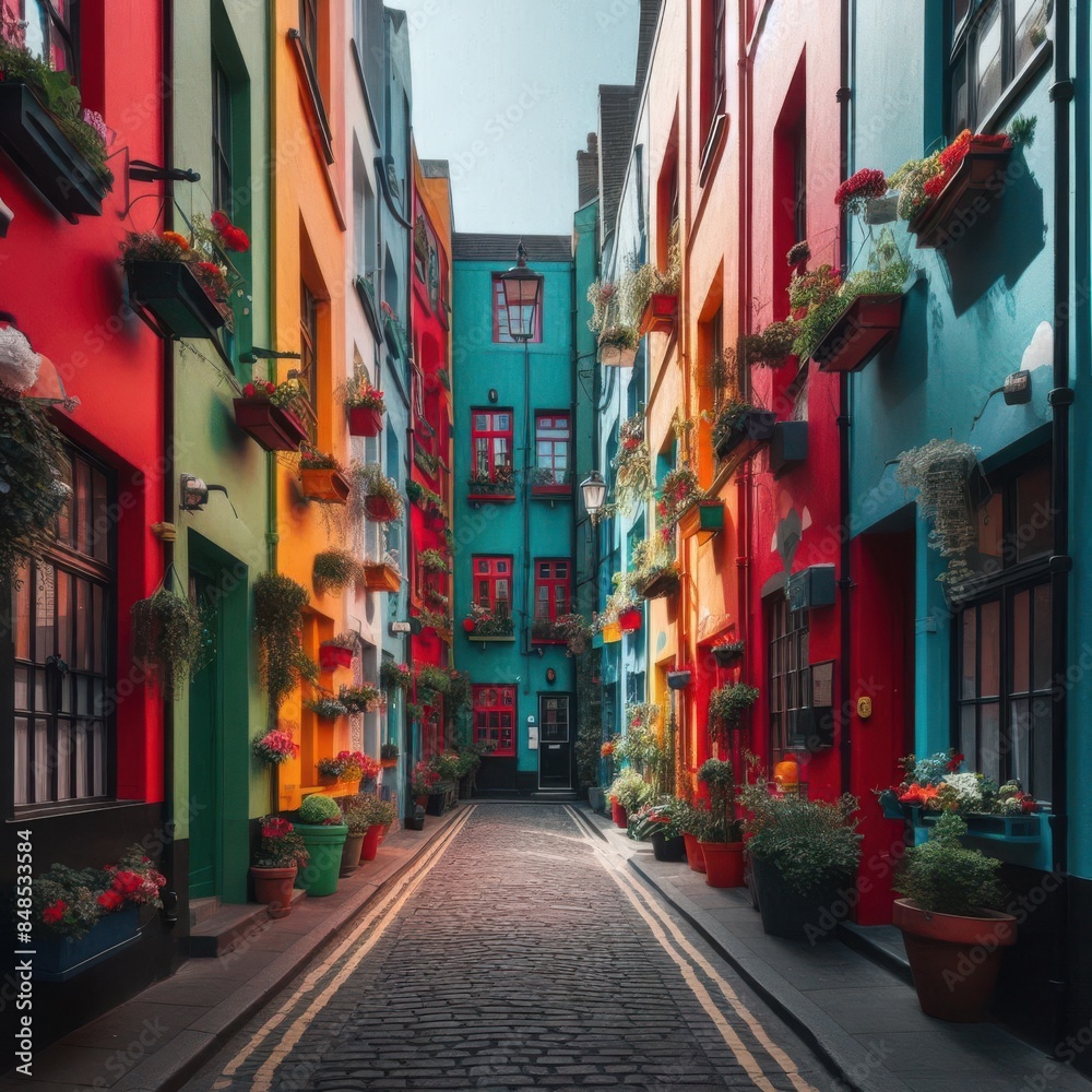 Naklejka premium Urban Oasis: Hidden Alleyway with Colorful Walls. Colorful Building Facades. generative AI