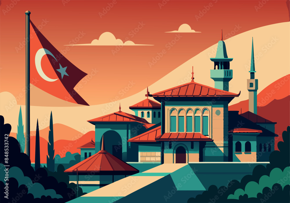 Illustration of Turkish architecture with flag and landscape Illustration of Turkish architecture with flag and landscape