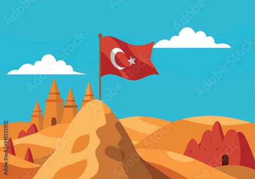 Turkish flag waving over Cappadocia's unique landscapes