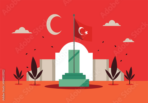 Modern illustration of Turkish flag on monument with moon