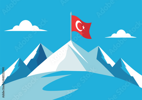 Turkish flag on snowy mountain peak with blue sky background