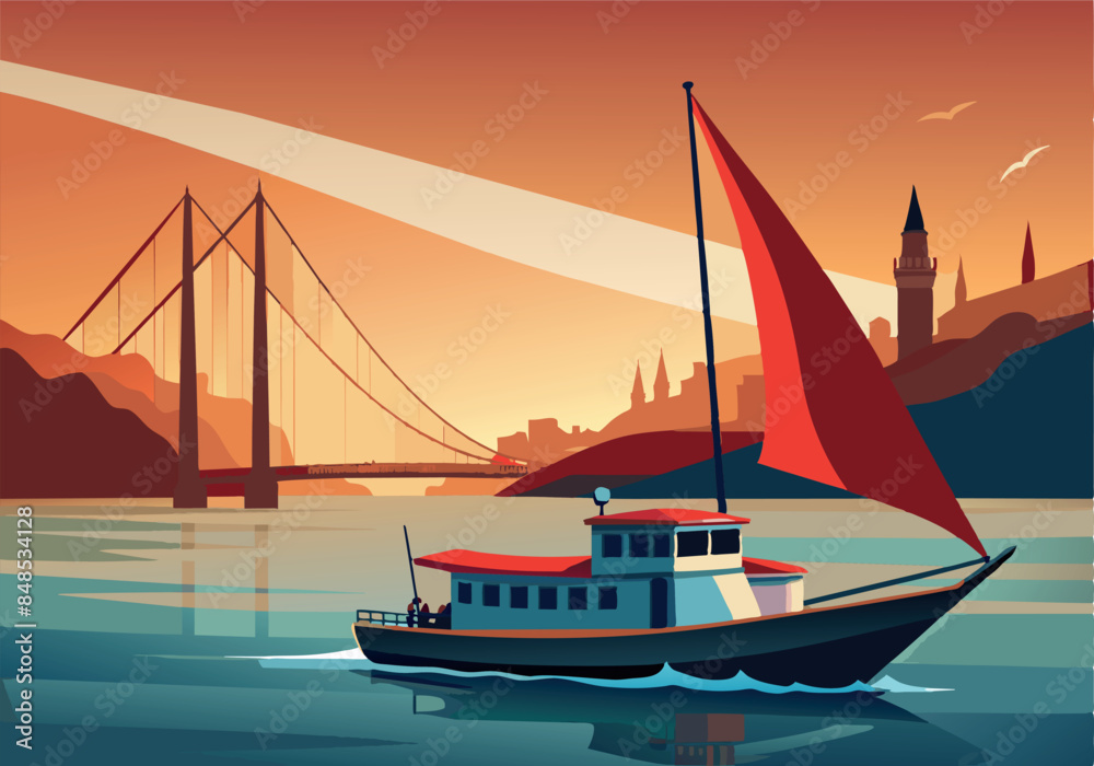 Naklejka premium Sailboat on serene water with scenic bridge and tower at sunset