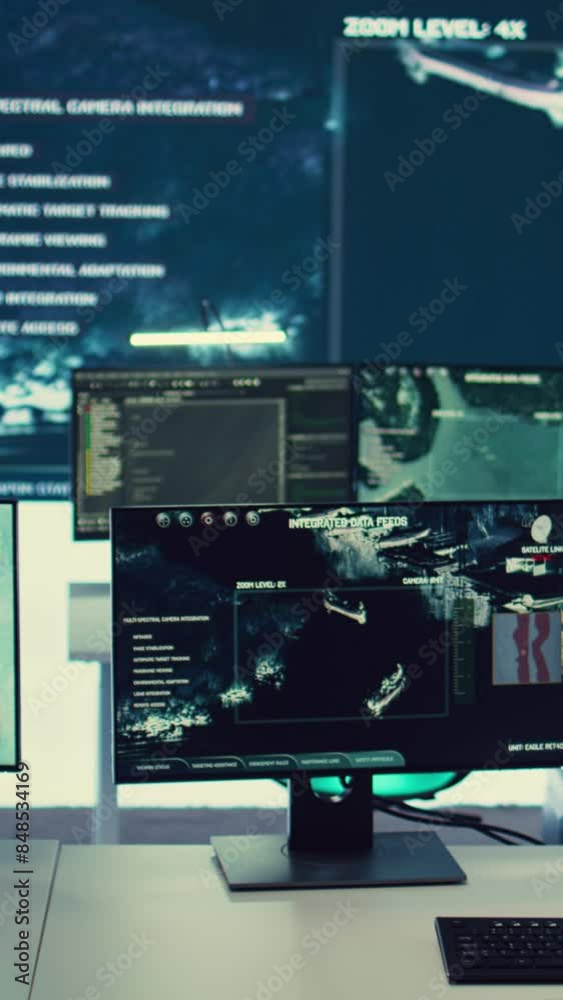 Vertical Video Federal agency command center equipped with surveillance and satellite system overseeing threats or danger on a world map. Military control room headquarters with a dashboard. Vertical Video Federal agency command center equipped with surveillance and satellite system overseeing threats or danger on a world map. Military control room headquarters with a dashboard.