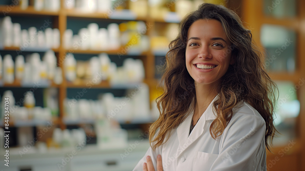 a smiling female pharmacist in the pharmacy a smiling female pharmacist in the pharmacy