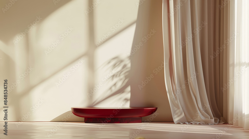 Empty modern metal burgundy red product stand with sunlight and white curtain on beige wall. Background. Layout. Presentation. Empty modern metal burgundy red product stand with sunlight and white curtain on beige wall. Background. Layout. Presentation.