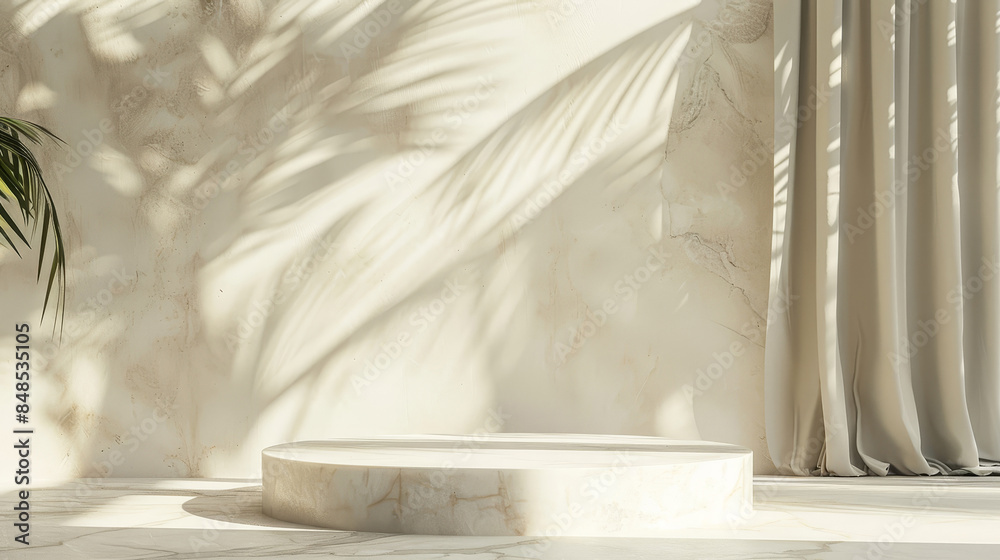 Empty round white marble podium with light sheer curtains in the background, for cosmetics or skin care products. Sunlight and foliage leave shadows on the wall. Empty round white marble podium with light sheer curtains in the background, for cosmetics or skin care products. Sunlight and foliage leave shadows on the wall.