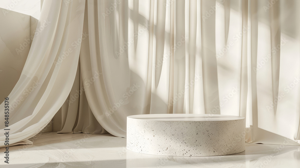 Empty modern round cream side table on a terrazzo podium with light sheer curtains in the background, for cosmetics or skincare products. Sunlight and foliage leave shadows on the wall. Background. Empty modern round cream side table on a terrazzo podium with light sheer curtains in the background, for cosmetics or skincare products. Sunlight and foliage leave shadows on the wall. Background.