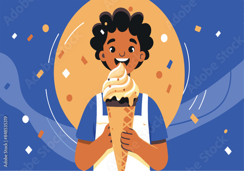 Happy child enjoying a large ice cream cone on a festive background