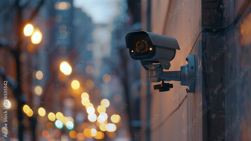 a security camera mounted on the side of a building. In the background, there are blurred lights and other buildings
