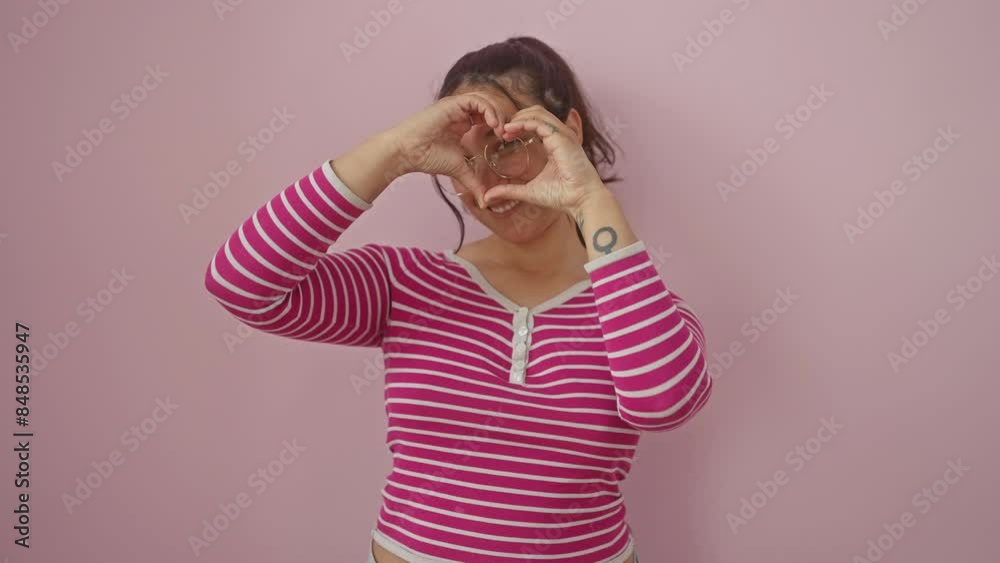 Young hispanic woman in striped tee, smiling with love, making heart shape with hands. standing isolated over pink wall in a romantic concept