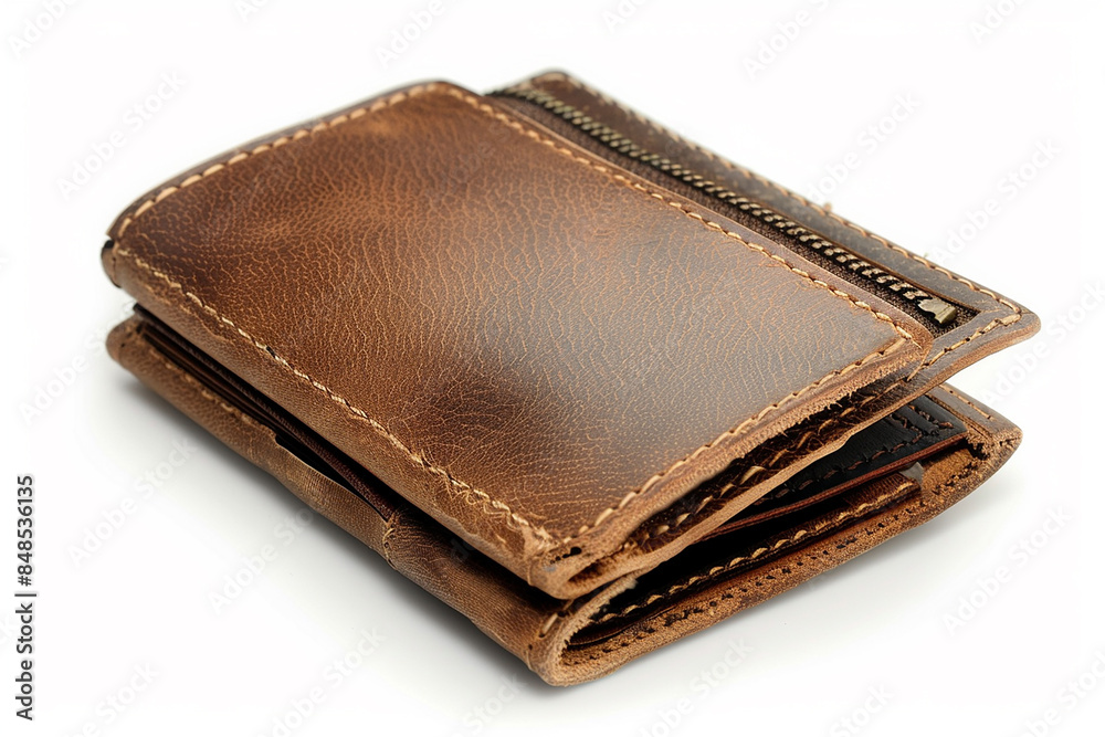 Leather Wallet with Cash and Cards: Brown Business Purse Isolated on White Background