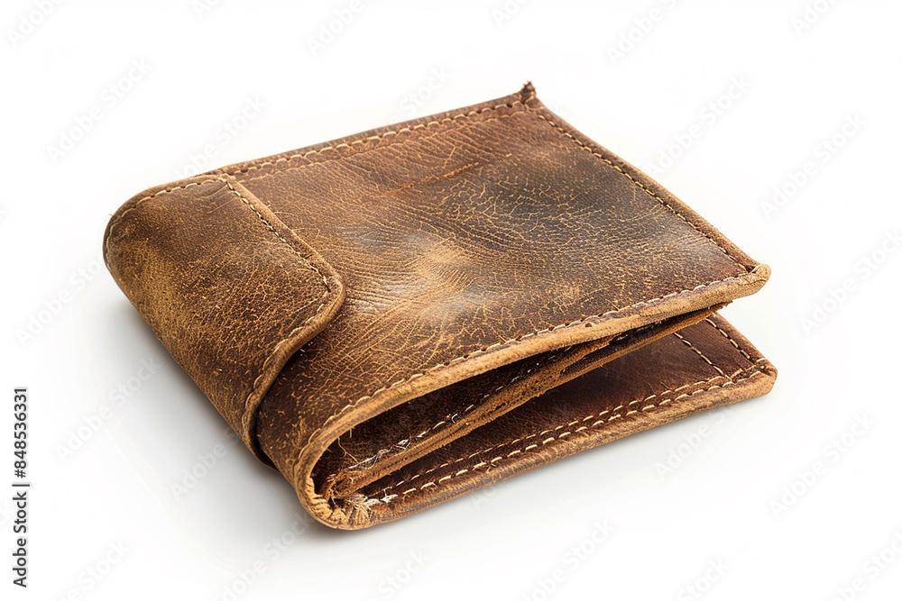 Leather Wallet with Cash and Cards: Brown Business Purse Isolated on White Background
