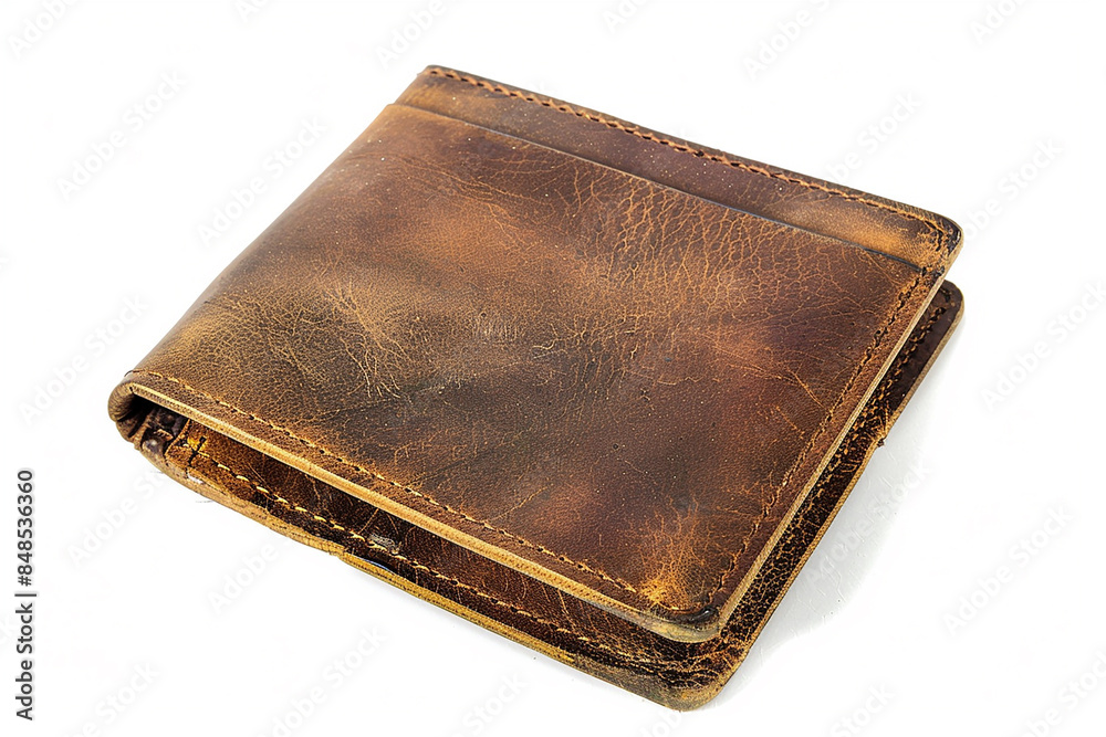 Leather Wallet with Cash and Cards: Brown Business Purse Isolated on White Background