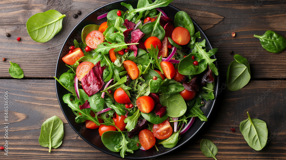A plate of salad on wooden table A plate of salad on wooden table