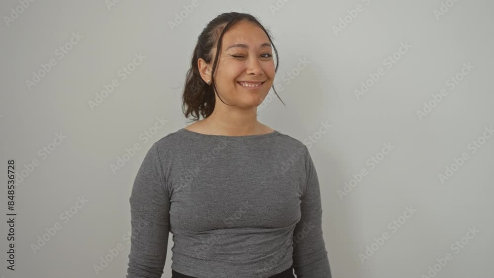 Young hispanic woman standing winking looking at the camera with sexy expression, cheerful and happy face. over isolated white background