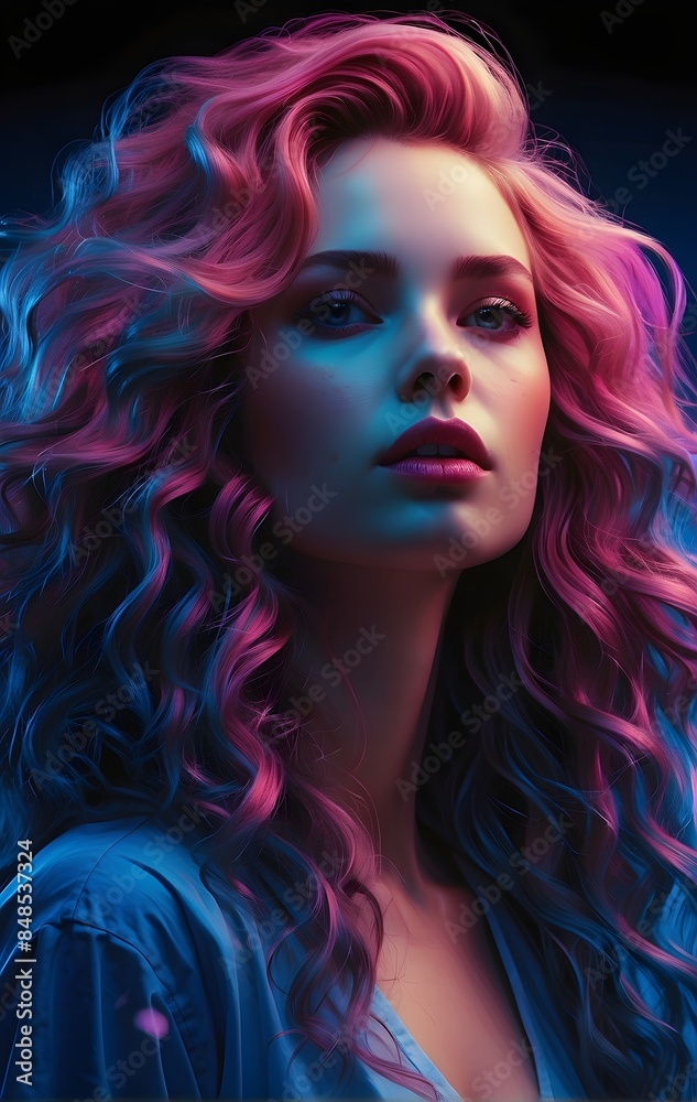 A woman with pink hair is standing in front of a blue background A woman with pink hair is standing in front of a blue background