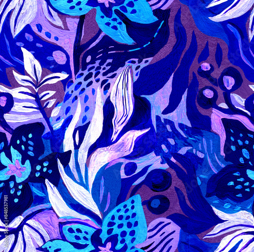 Bright blue organic abstract drawn by paints seamless pattern with tropical flowers. Artistic botanical elements with acrylic paint texture on craft paper. 