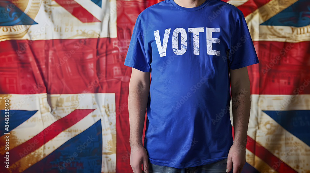 Fototapeta premium a person wearing a blue t-shirt with the word