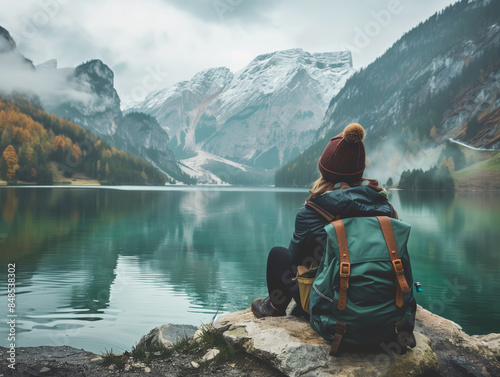 A hiker sits on a rock by a serene lake surrounded by misty mountains, capturing a moment of peaceful solitude and reflection amidst nature's stunning autumn beauty.