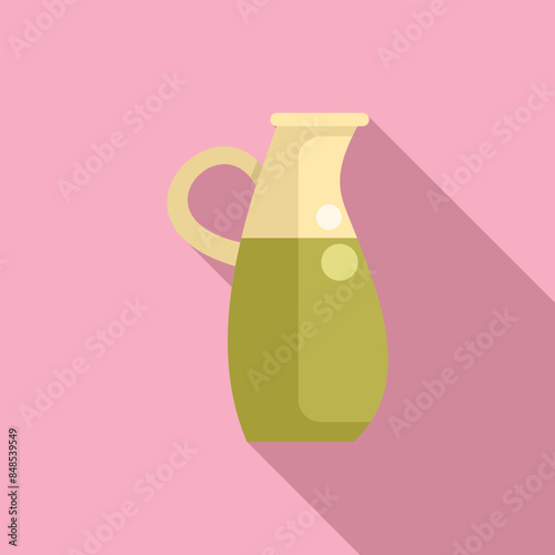 Glass jug containing olive oil, used for cooking and salad dressing, isolated on pink background