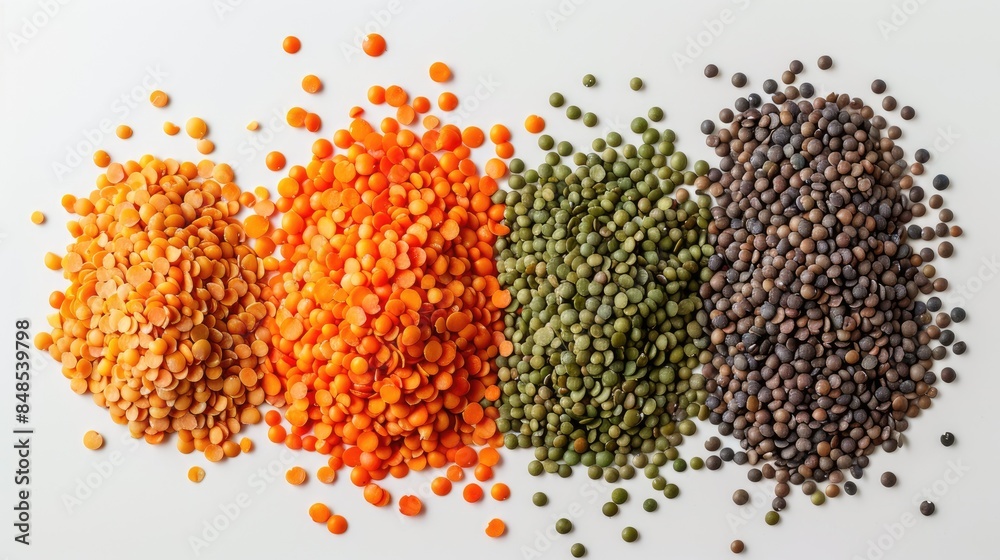 Vibrant lentils against a white backdrop Vibrant lentils against a white backdrop