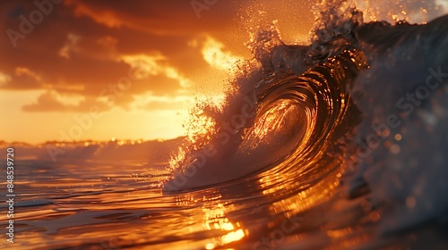 Ocean wave glows with golden hues at sunset