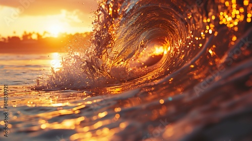 Ocean wave glows with golden hues at sunset