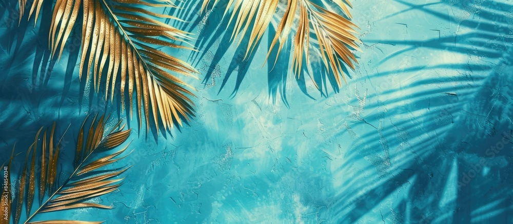 Engaging and Natural Title: Blue abstract background with golden palm leaf pattern texture for tropical summer graphic design. Vintage color style with copy space. Engaging and Natural Title: Blue abstract background with golden palm leaf pattern texture for tropical summer graphic design. Vintage color style with copy space.