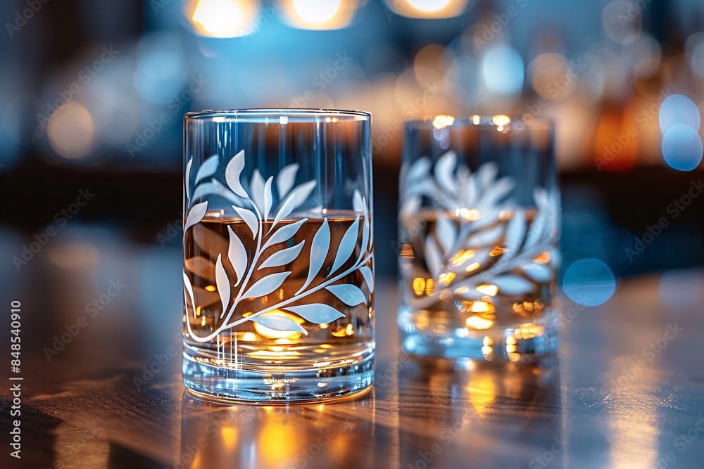 Elegant table setting featuring glasses with white leaf patterns and a warm, ambient lighting.
Elegant table setting featuring glasses with white leaf patterns and a warm, ambient lighting.