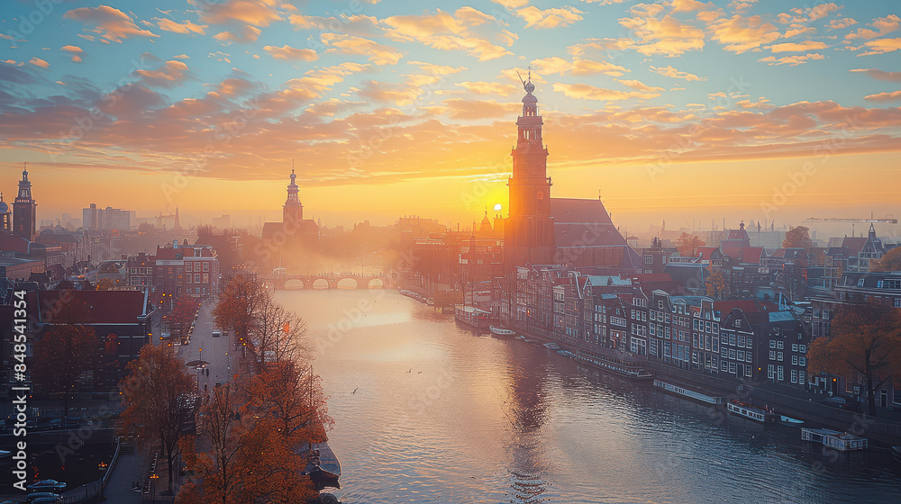 Naklejka premium Amsterdam, Netherlands city skyline created with Generative AI technology