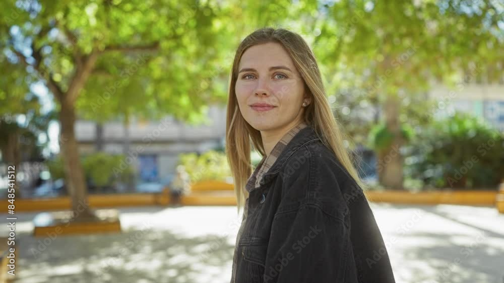 A smiling young blonde woman enjoys a sunny day outdoors in a green park, exuding a casual and relaxed vibe in her denim attire. A smiling young blonde woman enjoys a sunny day outdoors in a green park, exuding a casual and relaxed vibe in her denim attire.