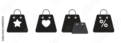 Shopping bags icon Set for app and web , Shopping Bags collection with discount symbol, star and heart symbol indication of love shoppingVector illustration