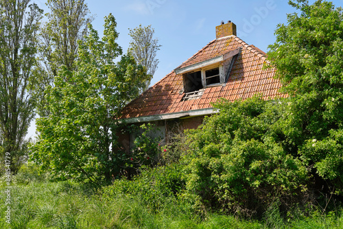 фотографія An abandoned and dilapidated farm house with red bricks and broken glass on a neglected terrain with tall grass