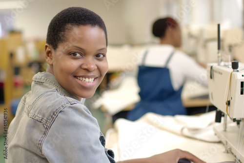 Textile worker smiles at the camera, seamstress with short black hair