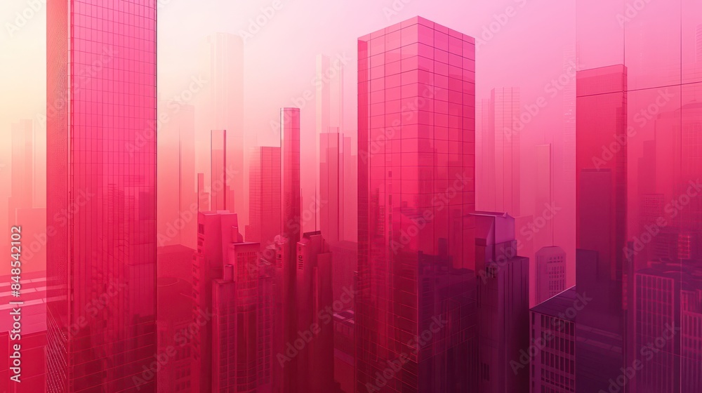 Abstract illustration of a city skyline bathed in a gradient of pink to red tones, suggesting a sunset or urban vitality