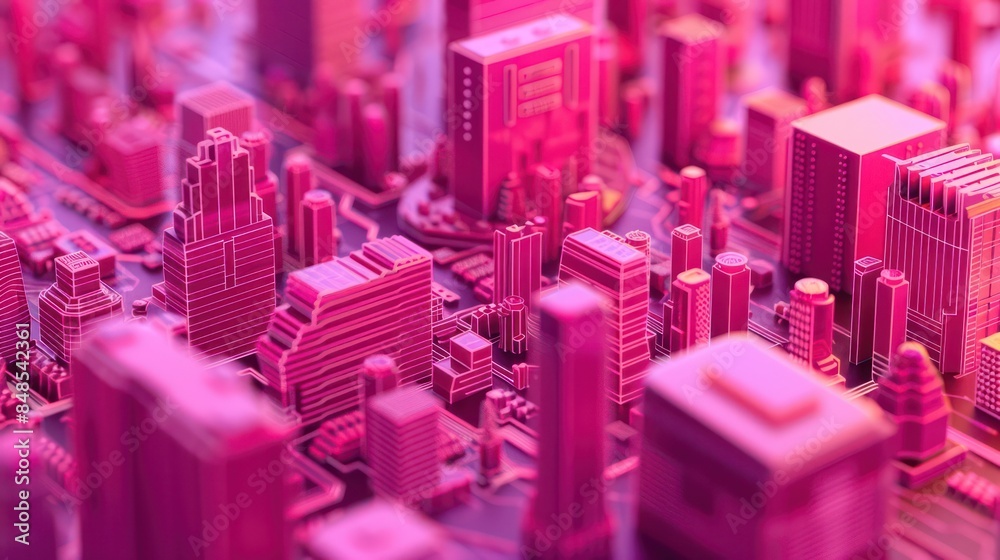 Obraz premium A detailed model of an urban cityscape with a monochromatic pink filter, highlighting intricate miniature buildings and streets