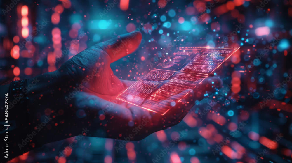 A hand holding a glowing, futuristic digital device, showcasing advanced technology and innovation in a vibrant, neon-lit environment. A hand holding a glowing, futuristic digital device, showcasing advanced technology and innovation in a vibrant, neon-lit environment.