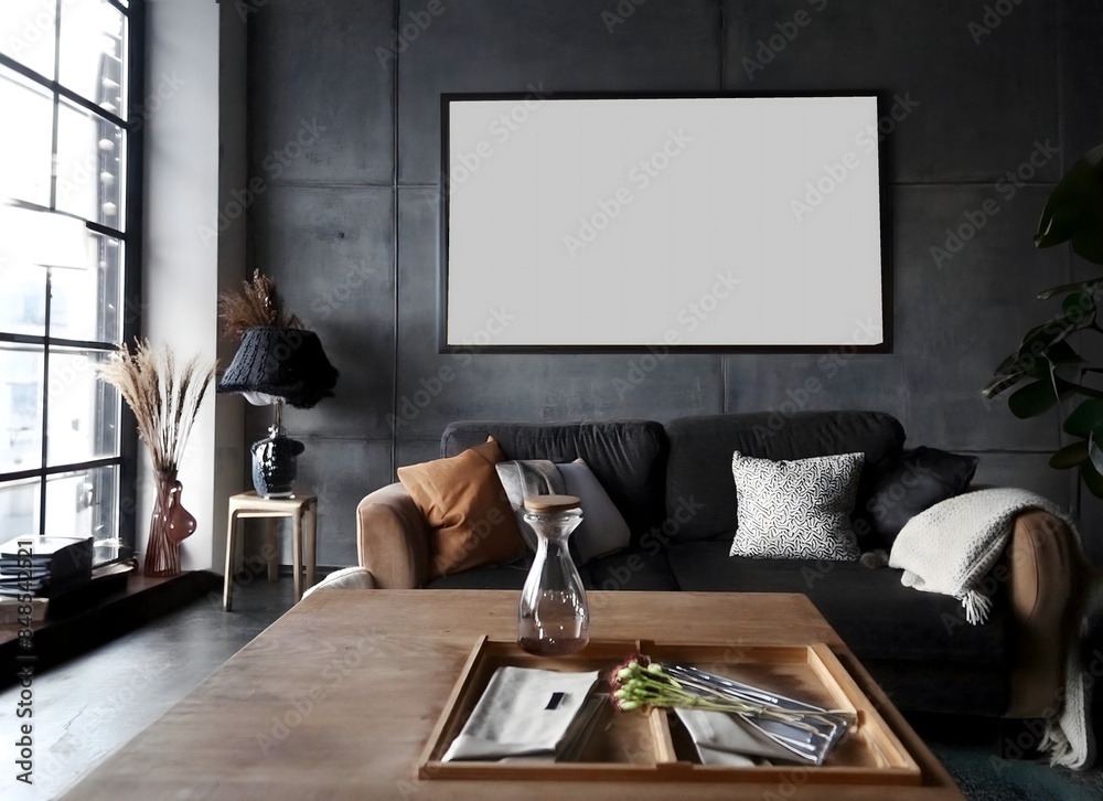 Fototapeta premium Mock up Frame. Empty Picture frame on wall in stylish living room. generative AI image