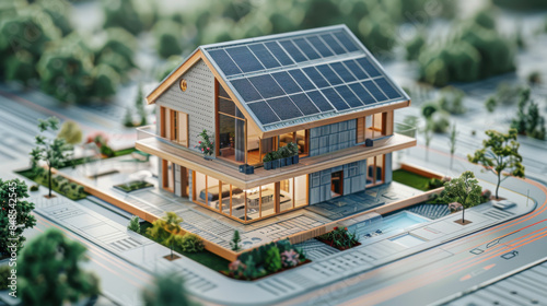 A detailed model of a modern sustainable house with solar panels, showcasing eco-friendly architecture and renewable energy.