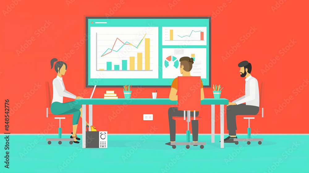 A flat illustration of a Sales team strategizing based on quarterly sales data, flat illustrations, business, office A flat illustration of a Sales team strategizing based on quarterly sales data, flat illustrations, business, office