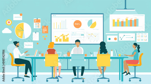 Flat illustration of a product development meeting reviewing user feedback data, flat illustrations, business, office, with copy space
