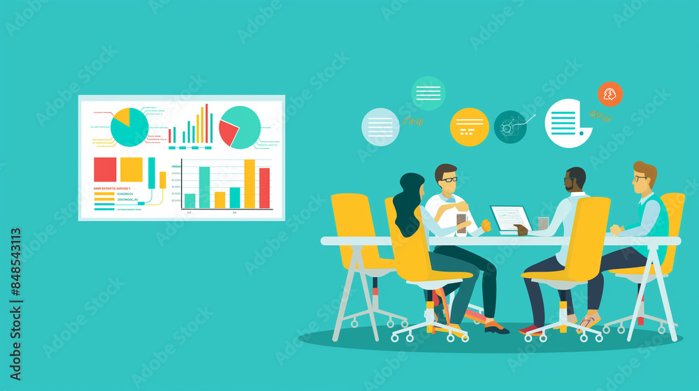 Flat illustration of a research team analyzing survey data, flat illustrations, business, office, with copy space Flat illustration of a research team analyzing survey data, flat illustrations, business, office, with copy space