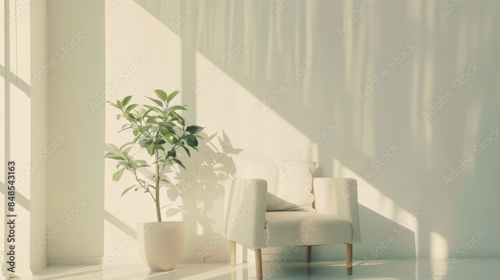 Sunlight casting shadows of a potted plant on a white wall in a minimalist room with an armchair Sunlight casting shadows of a potted plant on a white wall in a minimalist room with an armchair