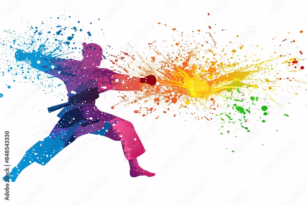 A karate fighater in action pose in front of white background. Colorful paint splatters on white background A karate fighater in action pose in front of white background. Colorful paint splatters on white background