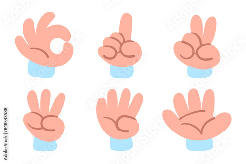 Collection of doodle hands showing numbers from zero to five. Vector illustration in simple quirky style
